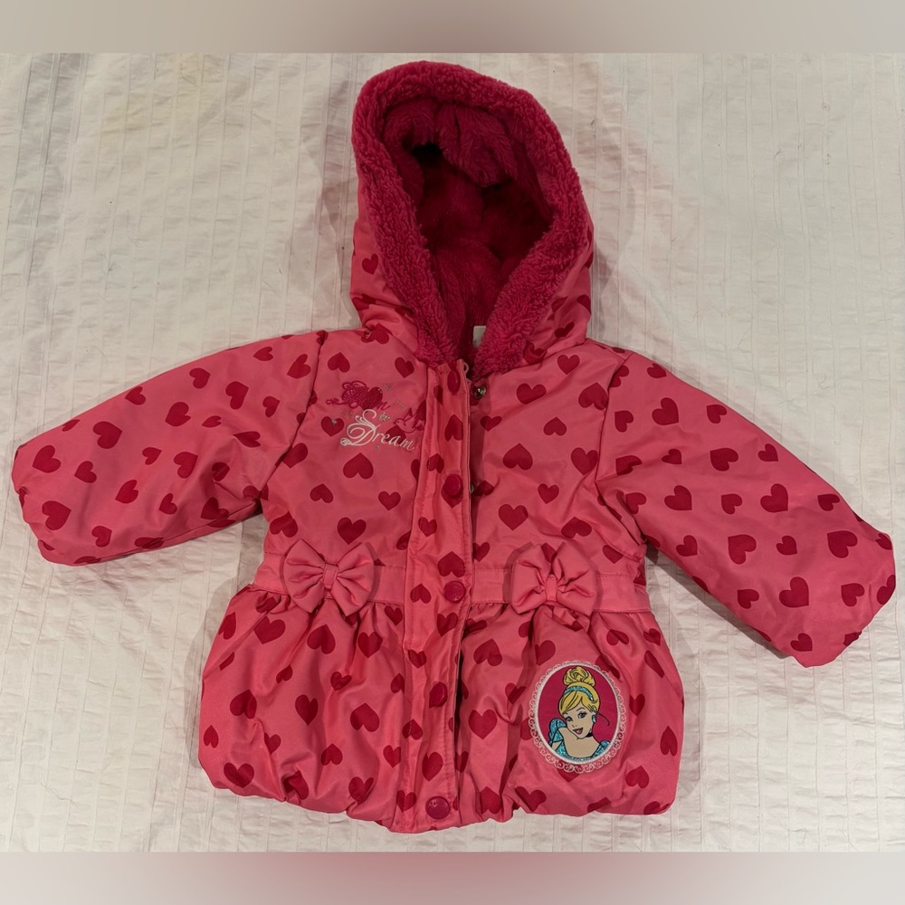 Disney Baby Girls Princess Winter Puffer Jacket Pink Hearts All Over SZ 6-12m